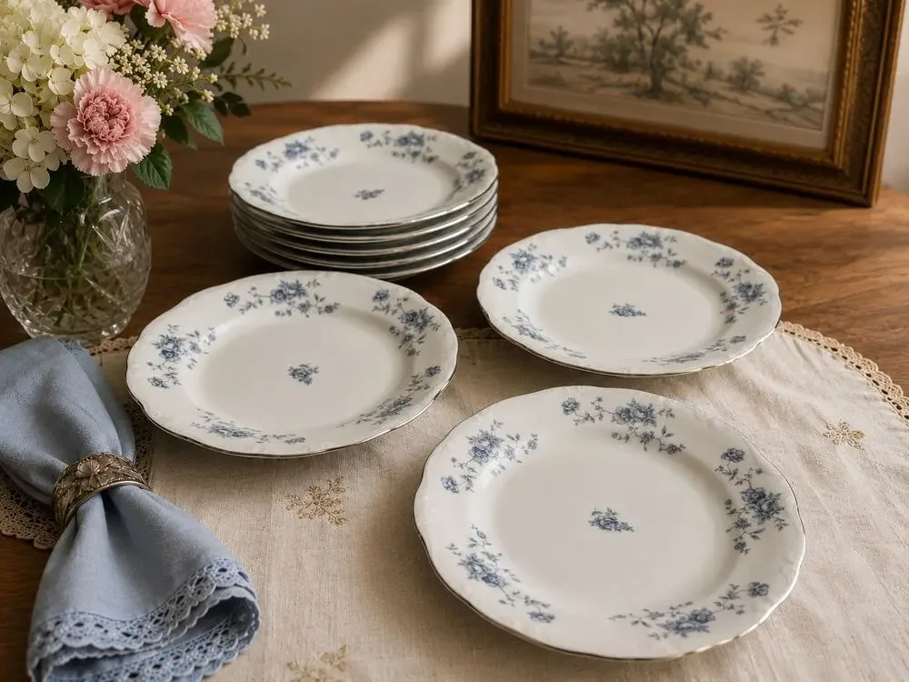 Vintage Johann Haviland Blue Garland Plates Set of 8 Germany China Platinum Trim